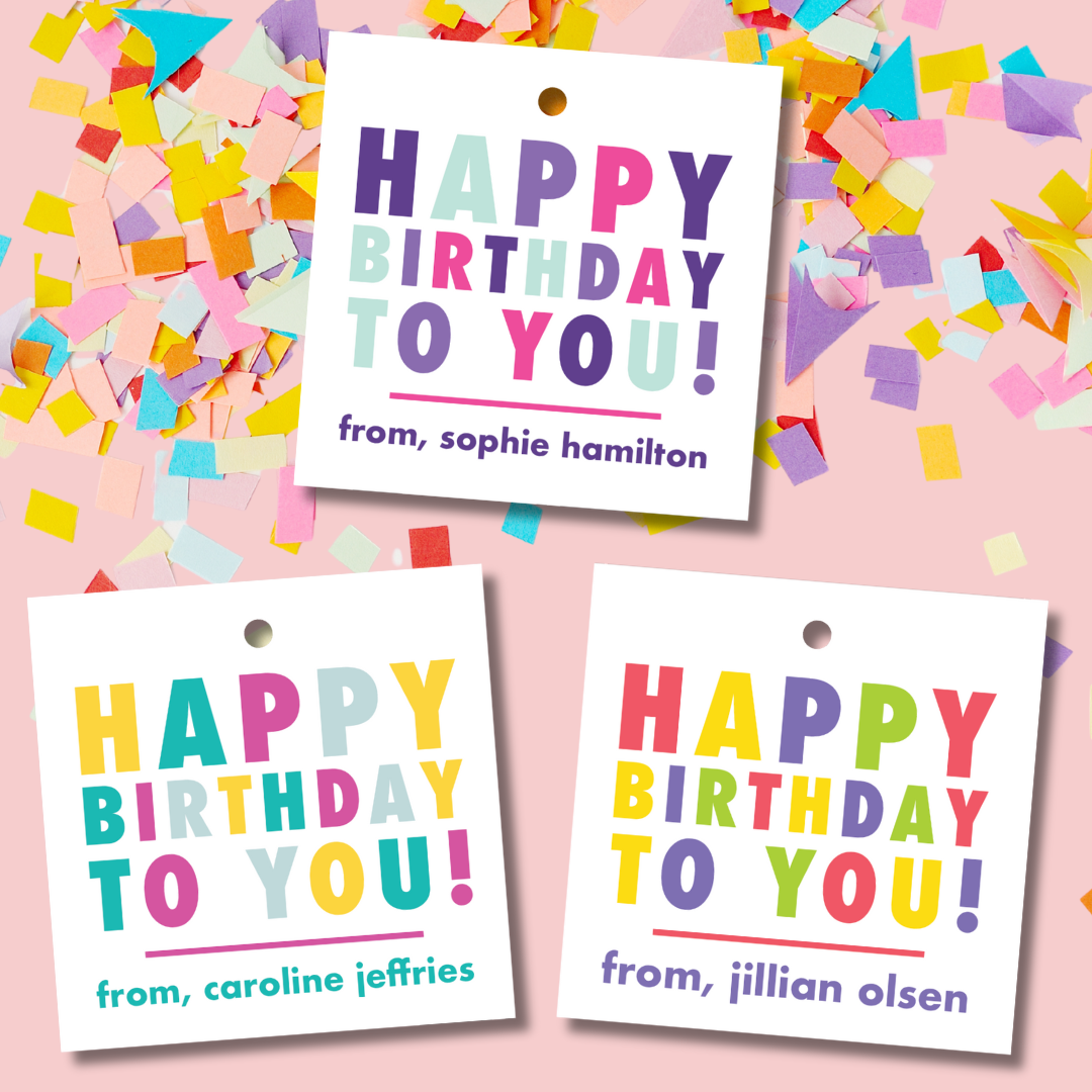 custom gift tags, girls gift tags, custom gift tags for girls, kids gift tags, rainbow gift tags, happy birthday tags, rainbow birthday tags, bright birthday gift tags, fun custom birthday tags, happy birthday to you kids gift tags, girly gift tags, girls birthday gift tags, kids birthday gift tags, custom family name birthday tags, gift from tags