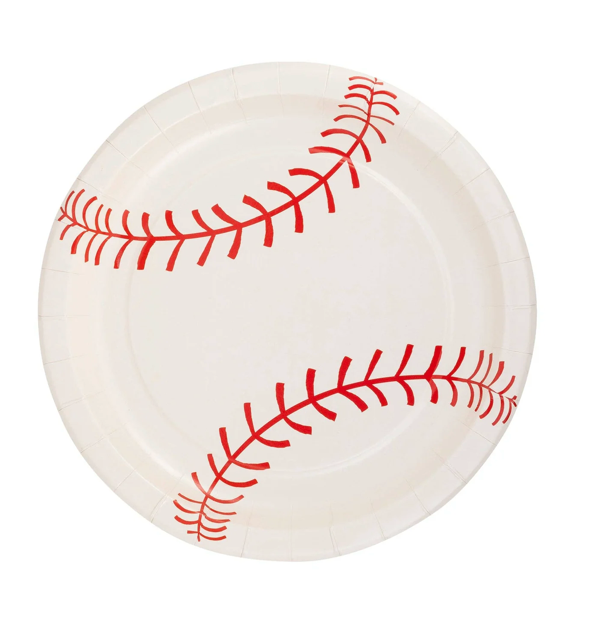 round paper plate with red baseball stitching