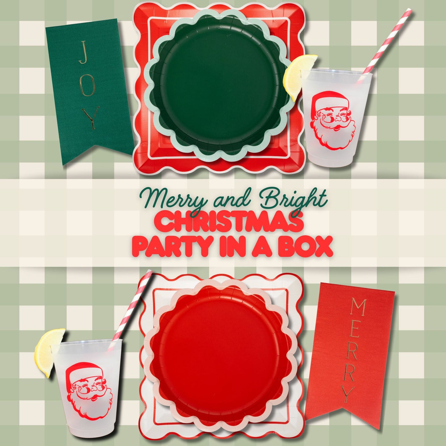 Christmas party supplies including plates, cups, and straws on a checkered background. easy christmas party hosting