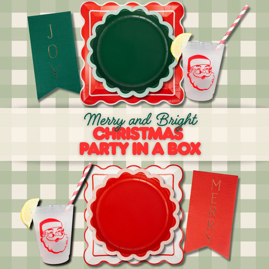 Christmas party supplies including plates, cups, and straws on a checkered background. easy christmas party hosting