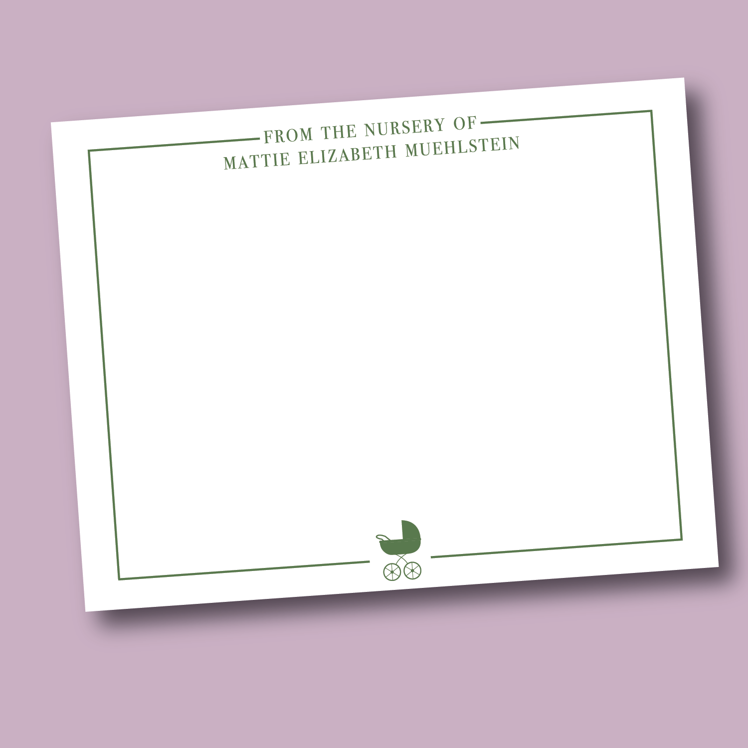 green nursery stationery with custom name and stroller design 