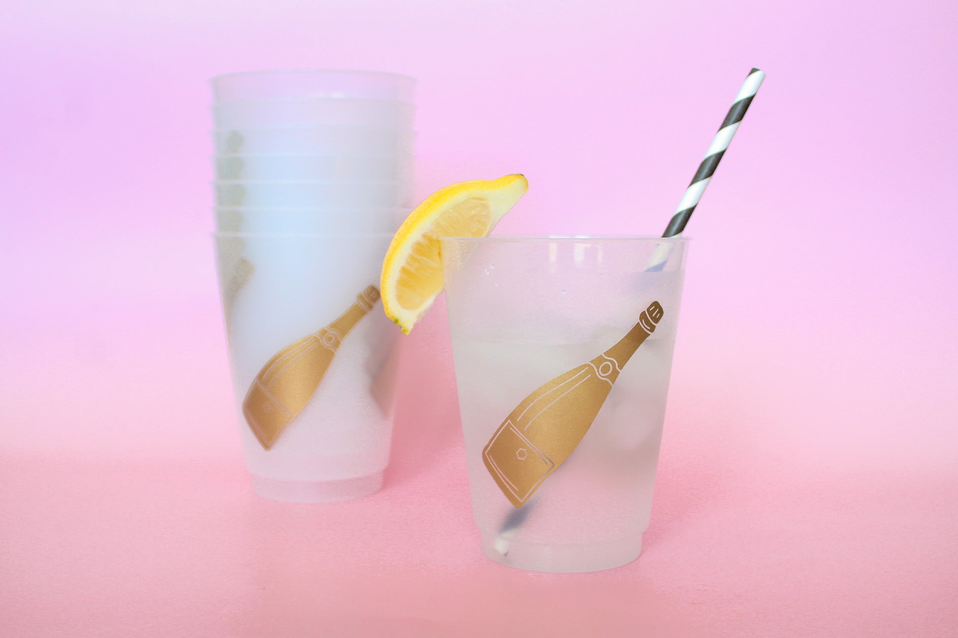 Celebrate life’s sparkling moments with our Pop the Bubbly Party Cups! Featuring a chic metallic gold champagne bottle design, these frosted shatterproof cups are the ultimate accessory for toasting in style. Perfect for weddings, engagement parties, New Year’s celebrations, bridal showers, or any event where champagne (or bubbly vibes) is a must.