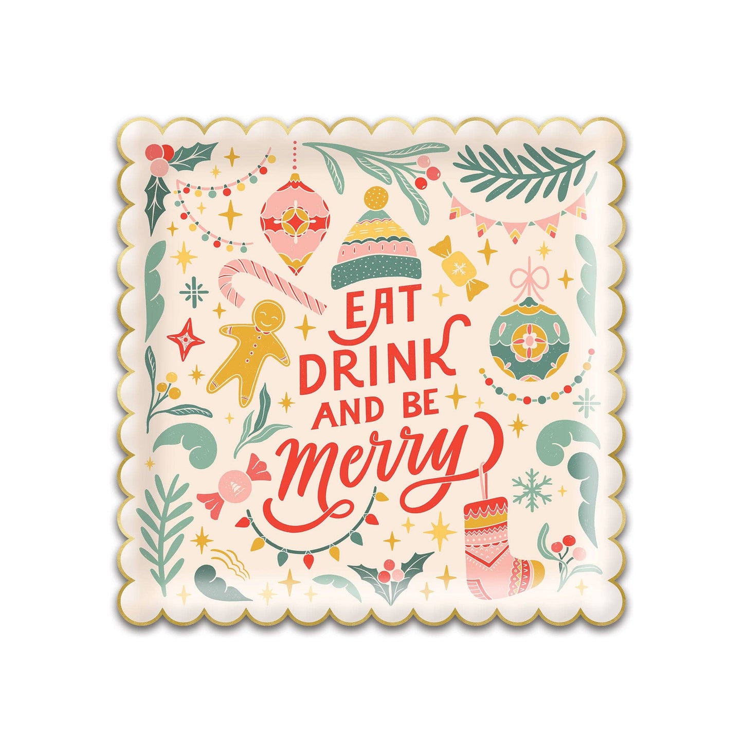 With retro holiday flair, these scalloped edges paper plates feature the merry sentiment "Eat, drink and be merry," and fun Christmas icons that will make your table the merriest place to be at your next Christmas party.