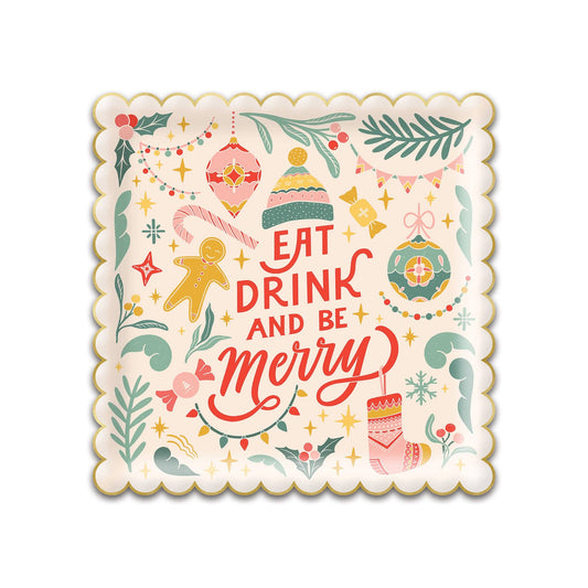 With retro holiday flair, these scalloped edges paper plates feature the merry sentiment "Eat, drink and be merry," and fun Christmas icons that will make your table the merriest place to be at your next Christmas party.