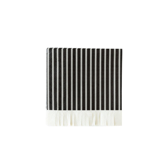 Black Tic Cocktail Napkins. Featuring a classic cream and white ticking stripe design and a festive fringe edging