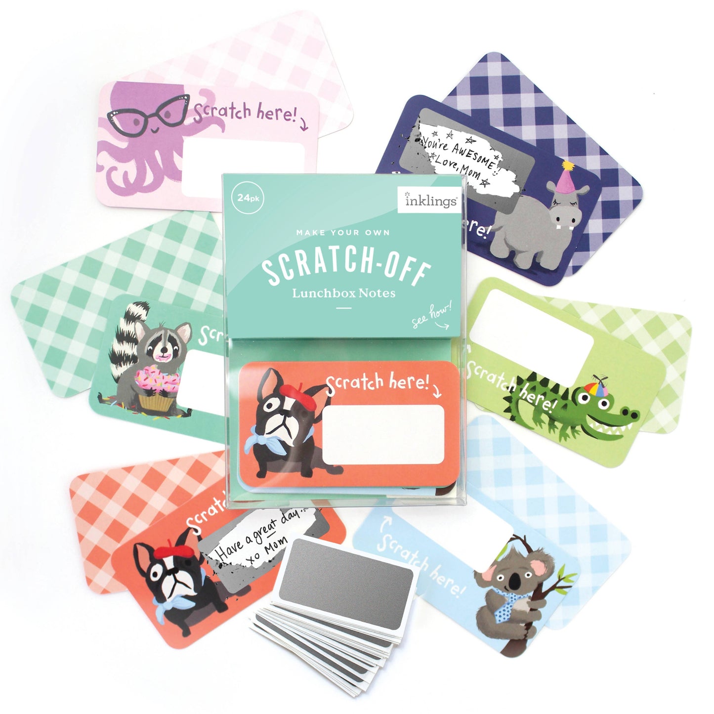 24 scratch-off lunchbox notes! Simply write your own special handwritten message in the designated area, cover it with the scratch-off sticker provided, and scratch to reveal your hidden message! These tiny notes are the perfect size to slip into a lunch bag or coat pocket of someone special. Animal Scratch off note cards