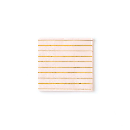 Planning a sophisticated bridal shower, Easter brunch or valentine party? These 5" blush napkins with gold foil stripes are a pretty accessory for your finger foods and desserts no matter what the occasion is! princess party, Galentines party, bachelorette party, baby shower, baby girl shower, engagement party, blush napkins, blush and gold foil napkins, easter party, ballerina party