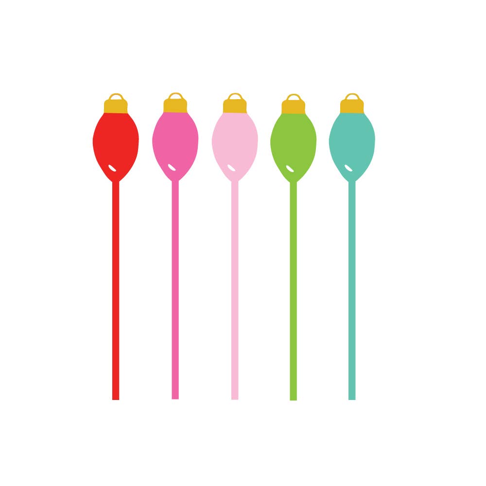 Our Christmas Light Acrylic Dink Stirrers are perfect for your coffee, cocktail or to use as a cupcake decoration!  - Set of 5 Acrylic drink stirrers - Picks measure approximately 7” tall.    