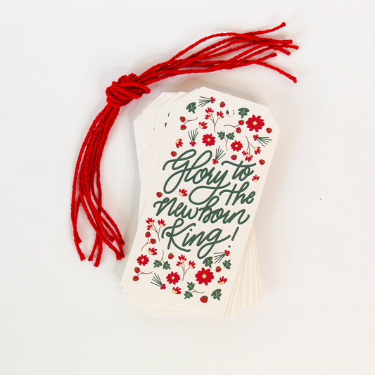 "Glory to the Newborn King!" Christmas gift tags add a festive touch to your holiday presents.  These cute tags come in sets of eight and include red string.