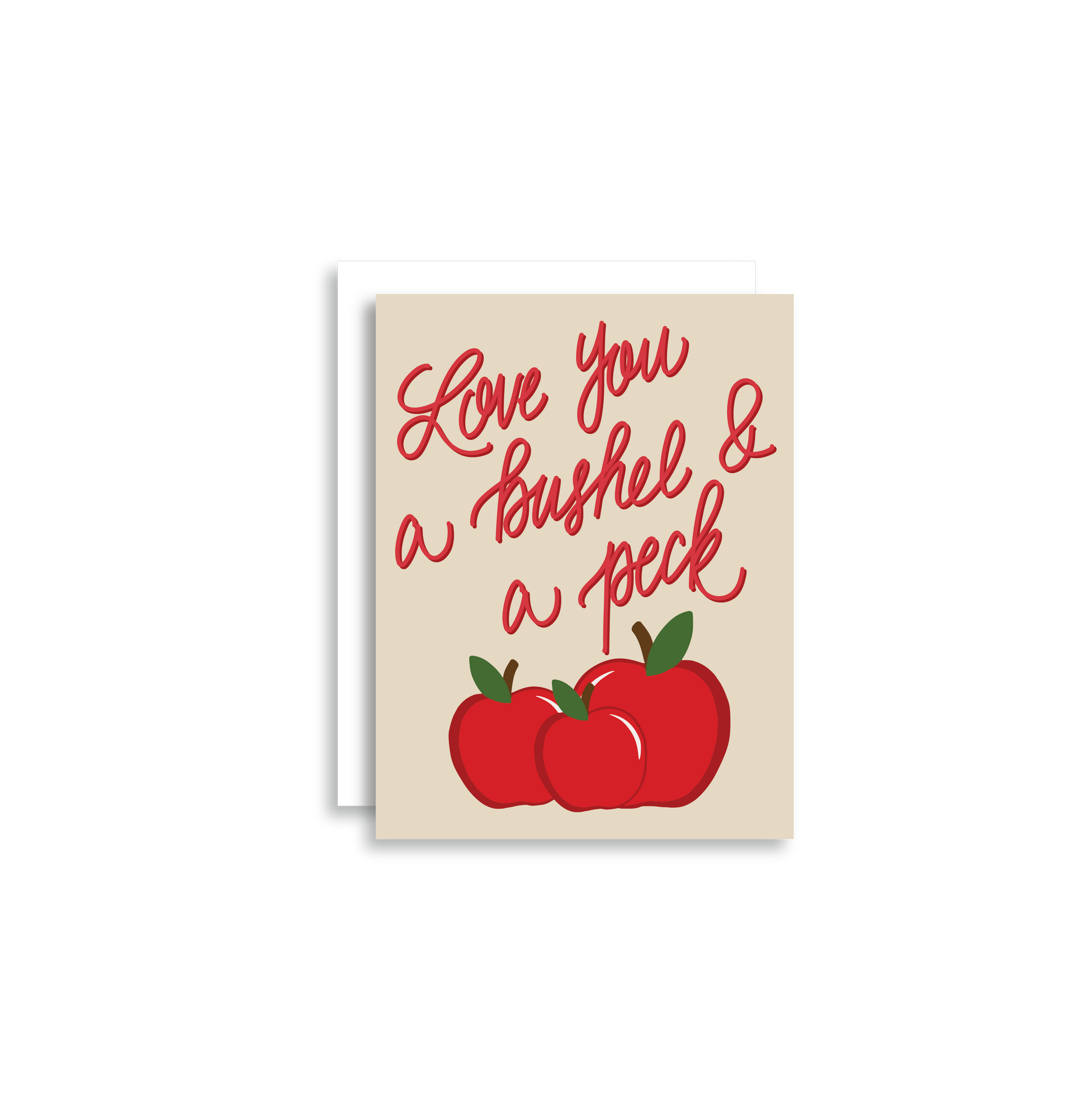 "Love You A Bushel and A Peck" greeting card is part of our cheerful fruit collection and so sweet for a little note of love or thanks to a special friend or child. Each card is folded to 4.25" tall by 5.5" wide, is blank inside and comes with a matching white envelope. Cards are packaged in cellophane sleeves. 