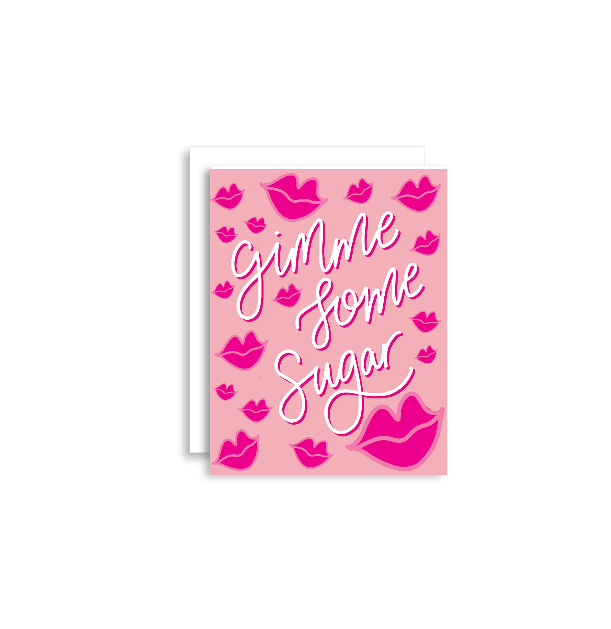 Our "Gimme Some Sugar" Valentine's Day card features hand drawn kissy lips on a pink background - it is perfect for a kid or adult! Each card is folded to 4.25" tall by 5.5" wide, is blank inside and comes with a matching white envelope. Cards are packaged in cellophane sleeves.