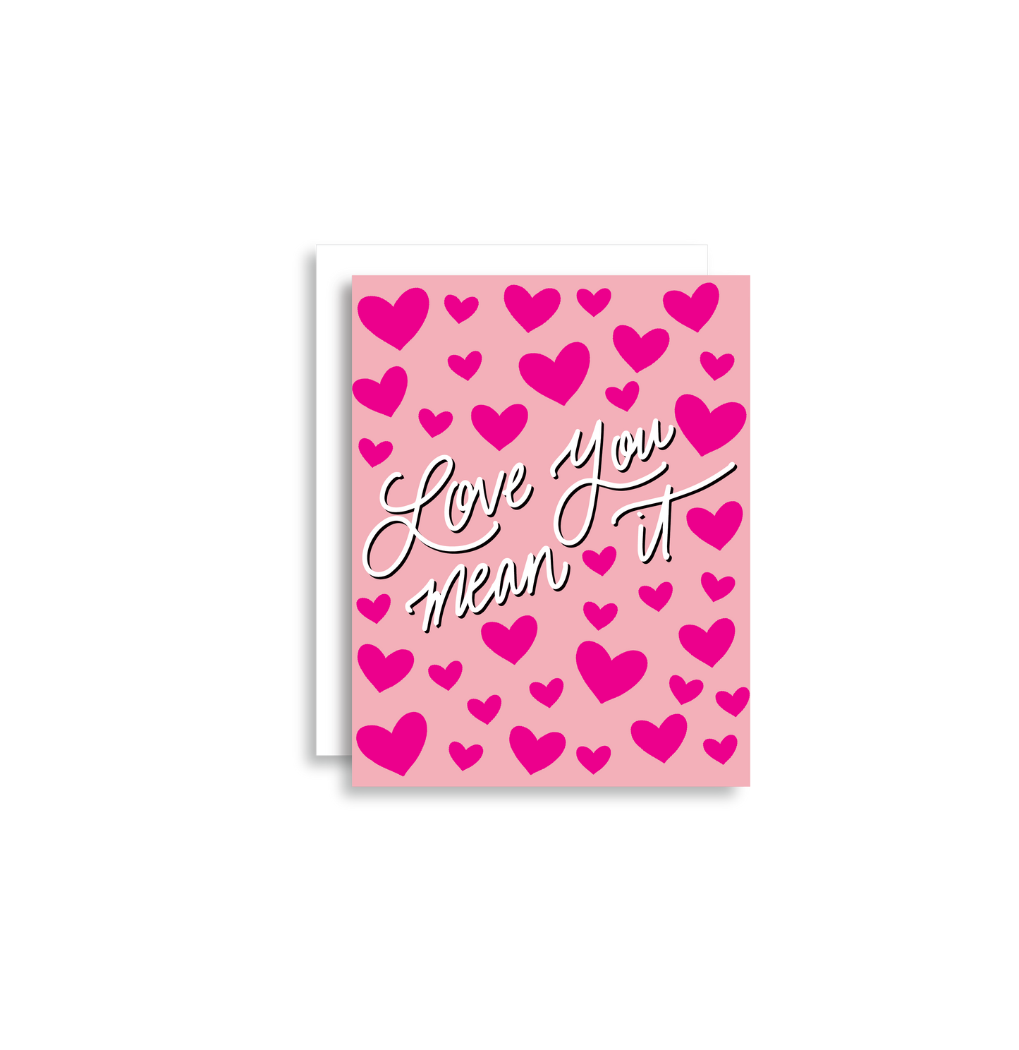 Our "Love You Mean It!" Valentine's Day card features hand drawn hearts on a pink background - it is perfect for a kid or adult! Each card is folded to 4.25" tall by 5.5" wide, is blank inside and comes with a matching white envelope. Cards are packaged in cellophane sleeves.